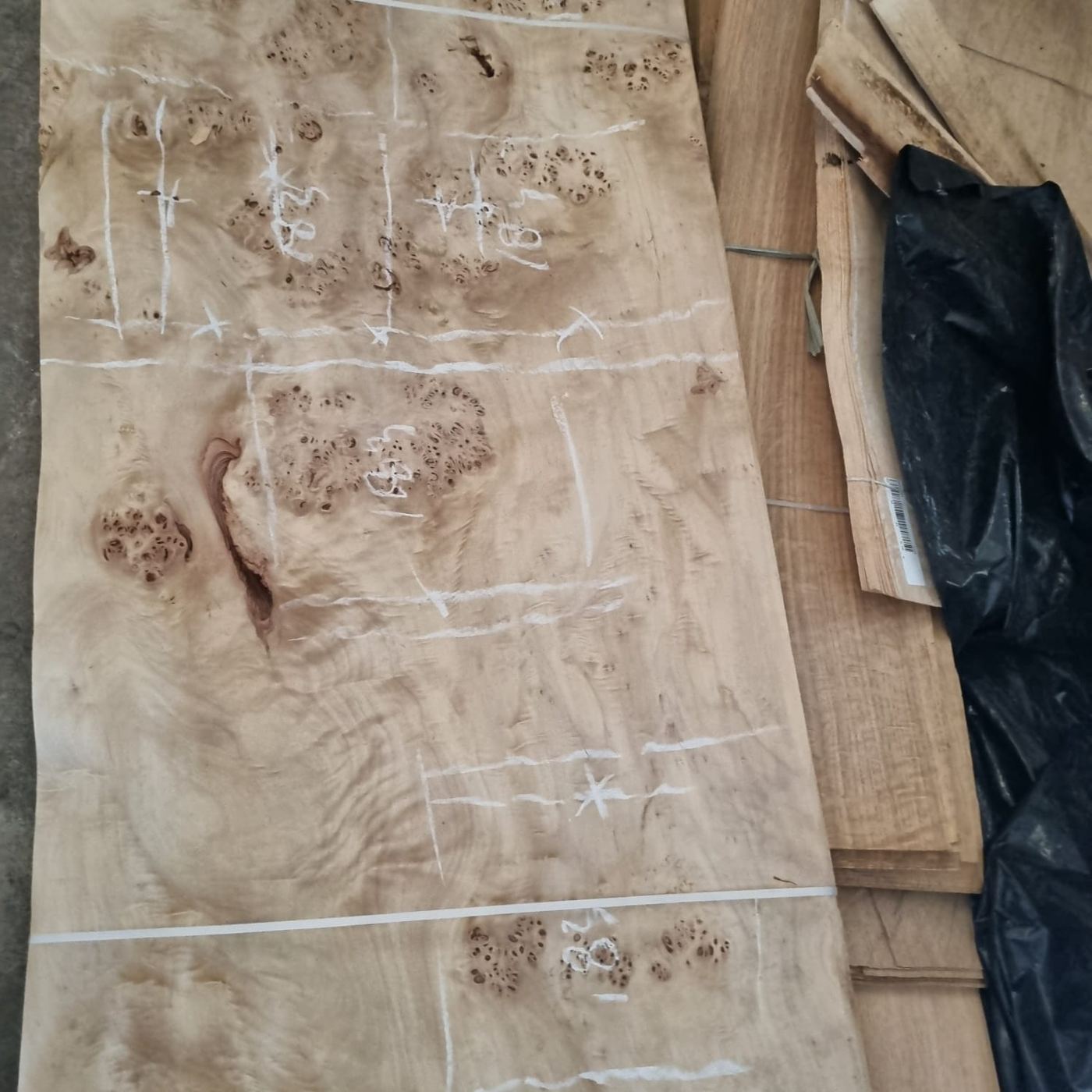 Burl veneer sheet with chalk marks for cutting
